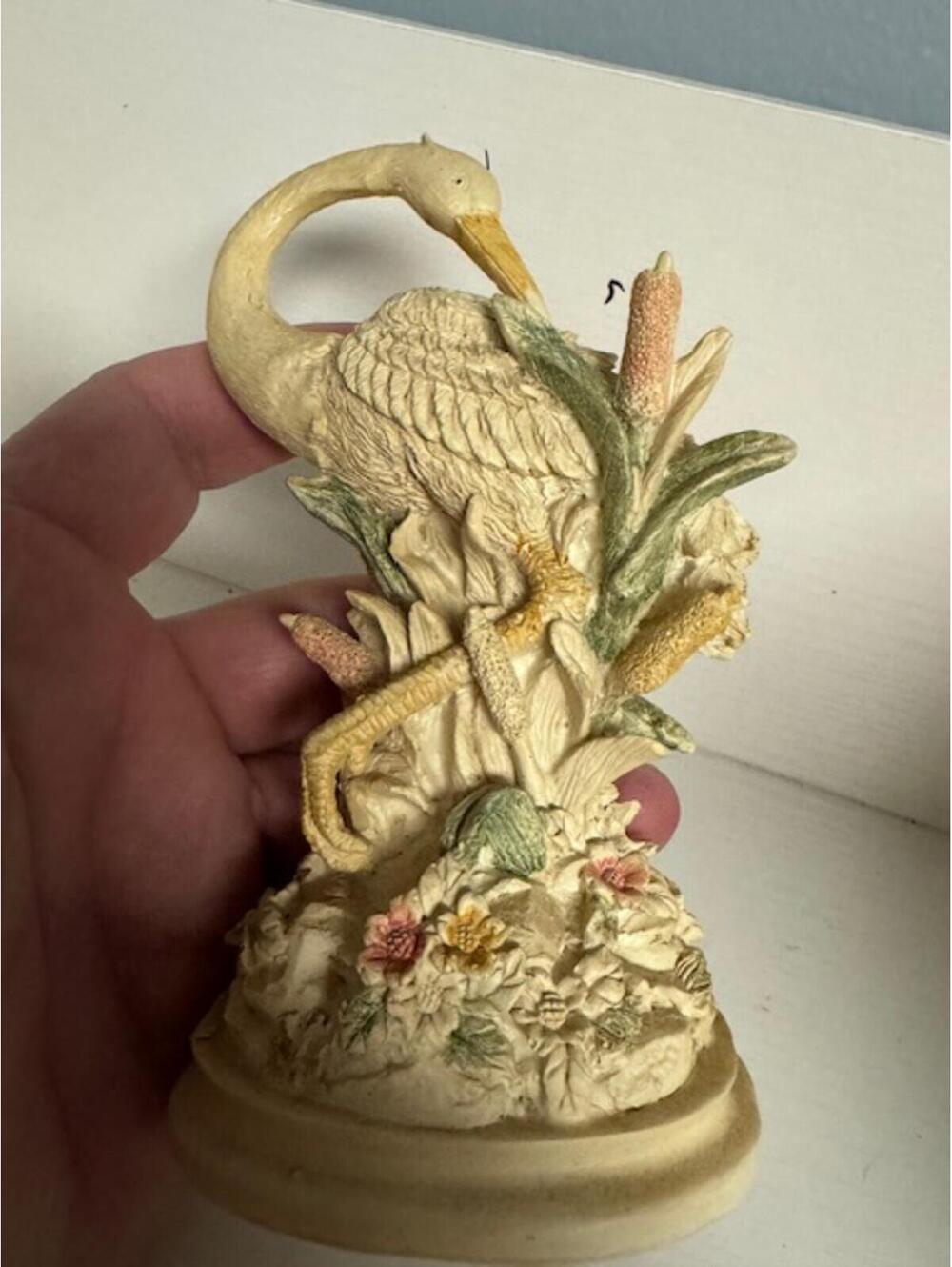 Vintage Hand-Painted Swan Figurine with Floral and Cattail Details